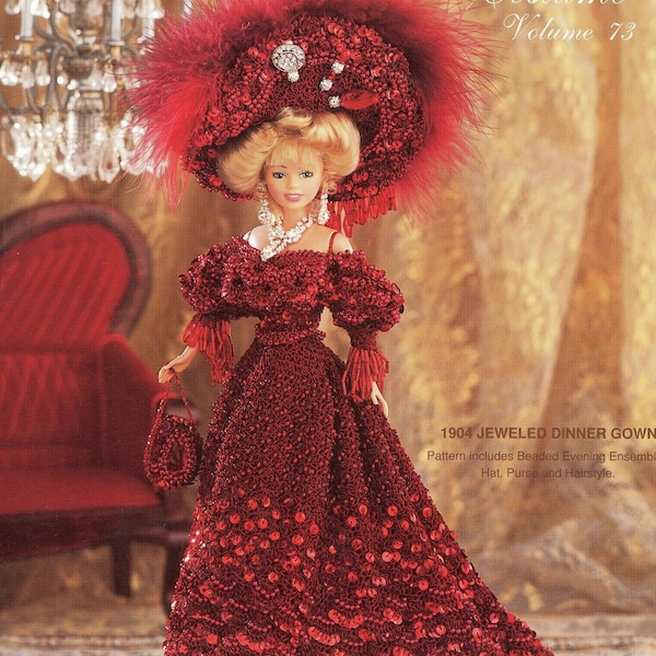 Jeweled Dinner Gown - Beaded Sequined Red Dress - 11 1/2 inch Fashion Doll Costume - Vintage Crochet Pattern - PDF file only