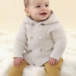 DK 8-ply Knit Baby Boy's Duffle Coat; Hooded Double-breasted jacket - 0-6, 6-12M, 1-2y, 2-3y - Vintage Knitting Pattern - PDF file only