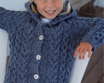 Aran 10-ply Knit Baby Toddler Kids Boy Girl Jacket Hood Collar - 1-2, 3-4, 5-6, 7-8, 9-10, 11-12y - Vintage Knitting Pattern - PDF file only