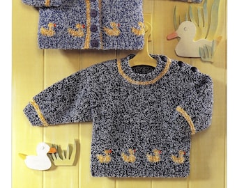 Baby Kids Knit DUCK Sweater Button-shoulder; V-neck Cardi - preemie, 0-3, 3-6, 6-12M, 1-2, 3-4y - Vintage Knitting Pattern - PDF file only