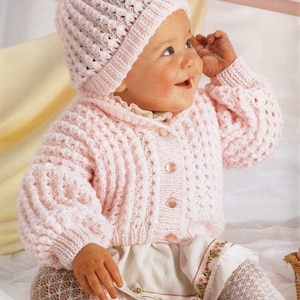 DK 8-lagige Baby Kleinkind Mädchen stricken Schalkragen Jacke & Mütze - 30 bis 60 cm - Vintage Strickanleitung - PDF Datei