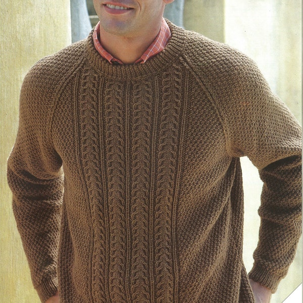 DK 8-ply Knit Mens Sweater Cables Moss Stitch Round Neck - 36-38, 40-42, 44-46, 48-50, 52-54 in - Vintage Knitting Pattern - PDF file only