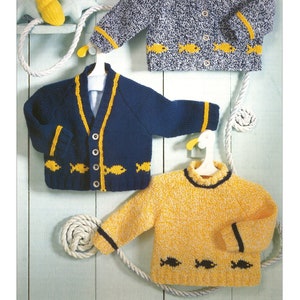 DK 8-ply Baby Kids Knit Fish Sweater Cardigan V- Round-neck - 0-3, 3-6, 6-12M, 1-2, 3-4, 5-6y - Vintage Knitting Pattern - PDF file only