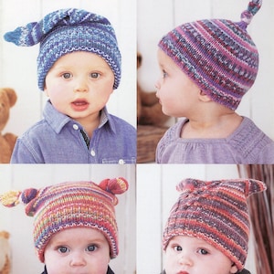 May include: Four babies wearing different colourful knitted hats. The hats are all unique in style and colour.