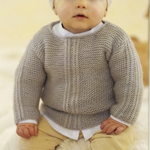 Boy's Knit Round-Neck & V-neck Sweater, Hat - 0-6, 6-12M, 1-2y, 2-3y - Ribbed Detail - Vintage Knitting Pattern - PDF file only