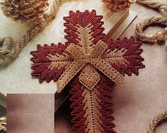Red Gold Cross with Bow and Heart - Plastic Canvas Project Intermediate Skill - Metallic Yarn Christmas Hanging Ornament -  PDF file only