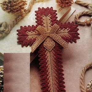 Red Gold Cross with Bow and Heart - Plastic Canvas Project Intermediate Skill - Metallic Yarn Christmas Hanging Ornament -  PDF file only