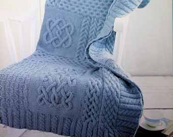 Blue Cabled Blanket - Cables Sampler Afghan - 52 x 68 in - Vintage Knitting Pattern - PDF file only