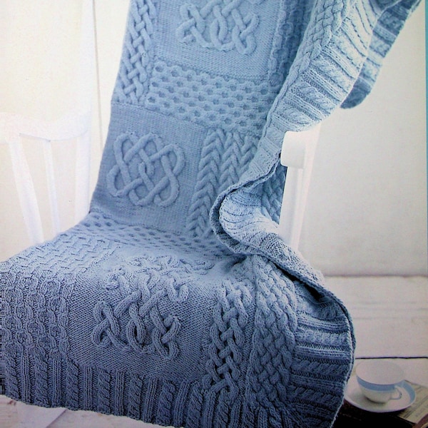 Blue Cabled Blanket - Cables Sampler Afghan - 52 x 68 in - Vintage Knitting Pattern - PDF file only