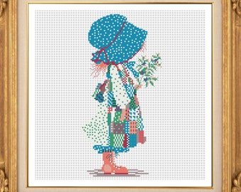 Cross Stitch Patchwork Apron Girl with Sunbonnet & Flowers Pattern Diagram - Intermediate - 11 colors - PDF Immediate Download