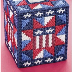 Tissue Box Cover & Tin Cover - Plastic Canvas Project Beginner - Quilt Red BLUE White 4th of July -  PDF file only