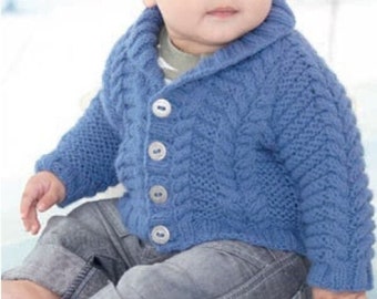 Baby Boy Knit Shawl-Collar or V-neck Cardigan BLUE CABLES - 0-6, 6-12M, 1-2 2-3 4-5 6-7y - Vintage Knitting Pattern - PDF file only