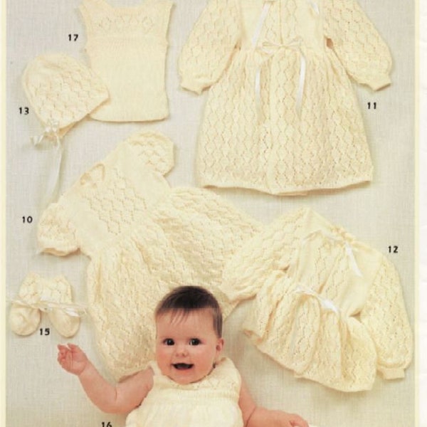 Yellow Diamond Baby Girl Layette Set - Dress, Coat, Jacket, Hat, Bootees, Mittens, Top - 16-18 in - Vintage Knitting Pattern - PDF file only