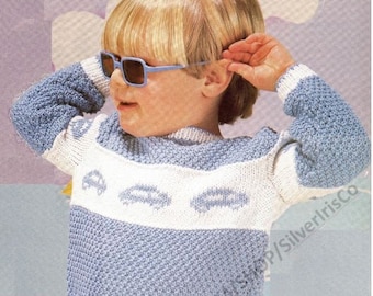 Pullover / Sweater "Race" for Baby Toddler Boy - 6M, 12M, 18M, 2-3-4 years Autos Cars - Vintage Knitting Pattern - PDF file only