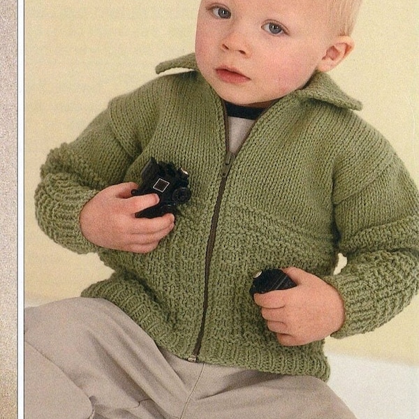 Boy's Knit Sweater, Zippered / Buttoned Jacket with Collar - 3-6, 6-12M, 1-2y - 3-4y - 5-6y 7-8y - Vintage Knitting Pattern - PDF file only