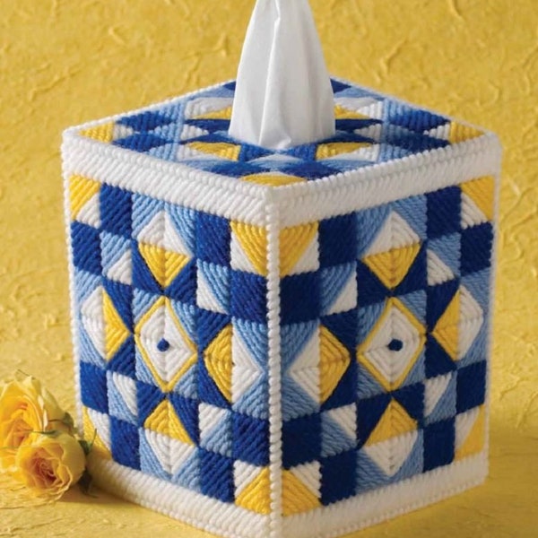 Tissue Box Cover - Plastic Canvas Project Beginner - Sunny Quilt Blue White Yellow-  PDF file only