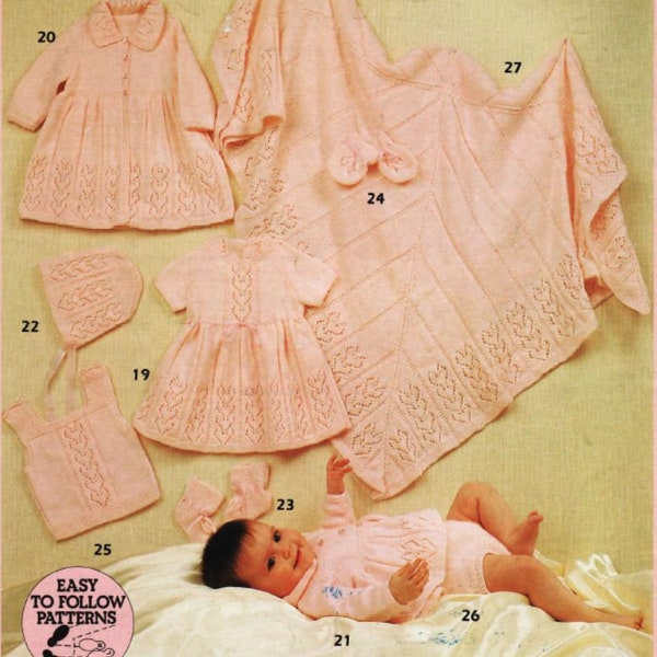 Pink Heart Baby Girl Layette Set - Dress, Coat, Jacket, Hat, Bootees, Mittens, Shawl - 16-18 in - Vintage Knitting Pattern - PDF file only