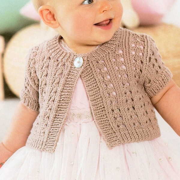 DK 8-ply Knit Baby Girl Eyelet Lace Cardie - 0-6, 6-12M, 1-2y, 2-3y, 4-5y, 6-7y - Vintage Knitting Pattern - PDF file only