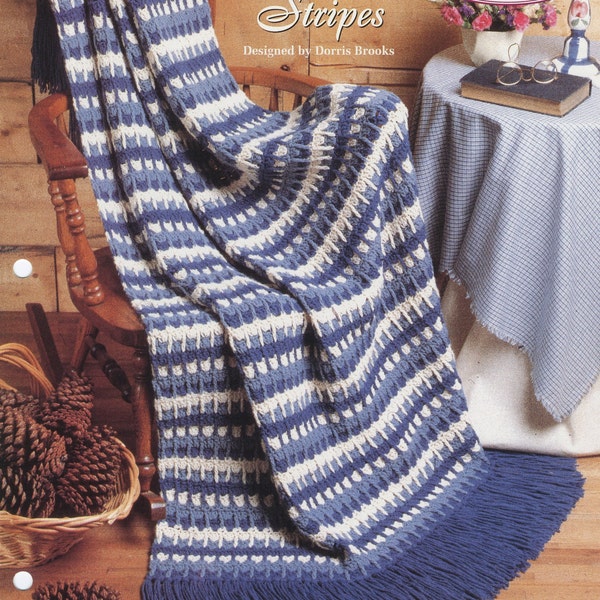 Frosted Stripes Afghan - Blue White Blanket  - 41 x 61 inches - Vintage Crochet Pattern - PDF file only