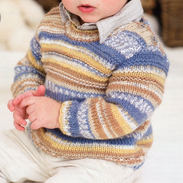 Boy's Knit Sweater Button Shoulder Multi-color - 0-6-12M, 1-2y 2-3y 4-5y - 6-7y - Vintage Knitting Pattern - PDF file only