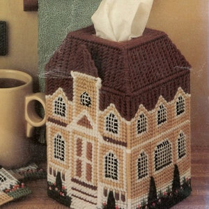 Cottage Tissue Box Cover - 5 Plastic Canvas Projects - Key Holder Magnets Coaster Small Houses -  PDF file only