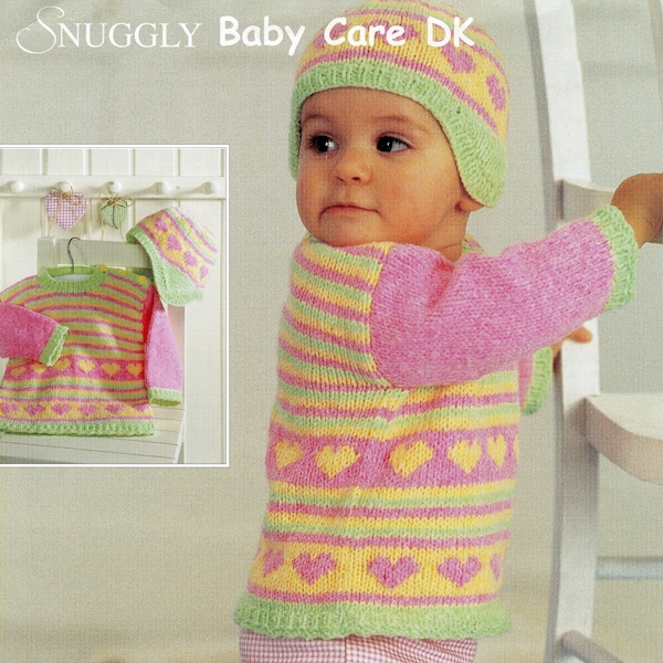 Baby Girl Sweater & Helmet Hat - Hearts Striped Multi-Color - 0-3 3-6 6-12 m; 1-2y 3-4y 5-6y - Vintage Knitting Pattern - PDF file only