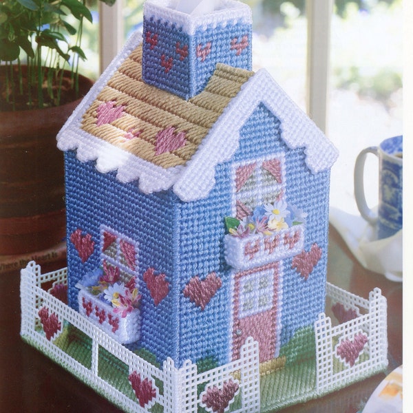 Victorian House Tissue Box Cover - Plastic Canvas Project Beginner - Blue Cottage Hearts -  PDF file only