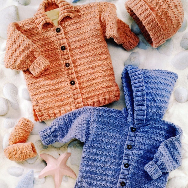 Baby Boy Hooded or Collared Jacket Hat Mittens - 0-3-6-12-24M - Vintage Knitting Pattern - PDF file only