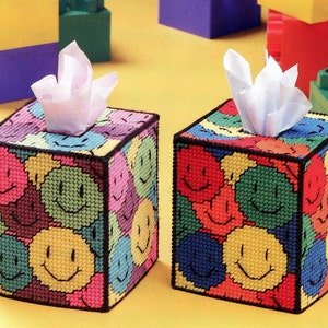 Smiley Emoji Tissue Box Cover - Plastic Canvas Project Beginner - Happy Faces Multi-color -  PDF file only