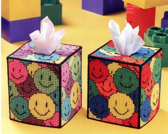 Smiley Emoji Tissue Box Cover - Plastic Canvas Project Beginner - Happy Faces Multi-color -  PDF file only