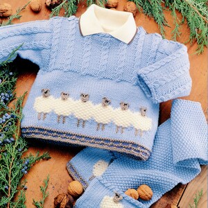 Blue Cables Sheep Sweater for Baby Toddler Boy Girl - 0-3M, 6-9M, 12-18M, 2 y Lamb &quot;Christophe&quot; - Vintage Knitting Pattern - PDF file only