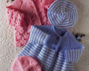 Baby Girl Matinee Coat Pink Bobble or Blue Striped - Beret Hat - preemie -0-6 6-12 M, 1-2 years - Vintage Knitting Pattern - PDF file only