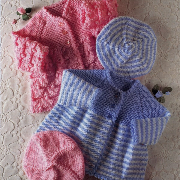 Baby Girl Matinee Coat Pink Bobble or Blue Striped - Beret Hat - preemie -0-6 6-12 M, 1-2 years - Vintage Knitting Pattern - PDF file only