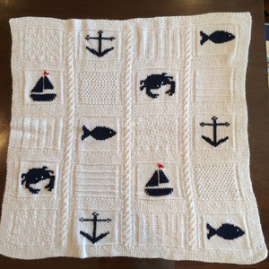 Nautical Ocean-theme Blanket w/ Cables - 28x24 in / 71x61 cm - Anchor Crab Boat Fish Hearts Squares - Vintage Knit Pattern - PDF file only