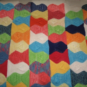 May include: A colourful knitted blanket with a pattern of fish scales. The blanket is made up of squares in various colours, including red, blue, green, yellow, and white.
