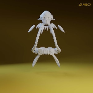 May include: A white 3D printed model of a robot head with four articulated arms. The head has a detailed design with a visor and a neck piece. The arms are connected to a belt with a central piece.