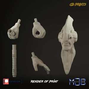 Könnte beinhalten: Ein 3D-gedrucktes Modell einer Kreatur mit einer langen, spitzen Nase und einer strukturierten Oberfläche. Das Modell ist in mehrere Teile zerlegt, darunter Kopf, Hände und eine Waffe. Das Modell ist in hellgrau gedruckt.