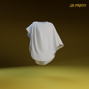 Puede incluir: Una parte superior blanca drapeada con cuello redondo y diseño asimétrico. La prenda tiene una apariencia fluida, similar a una capa, con una textura suave. El fondo es un degradado de oro y marrón, con el texto "CB PRINTS" en la esquina superior derecha.