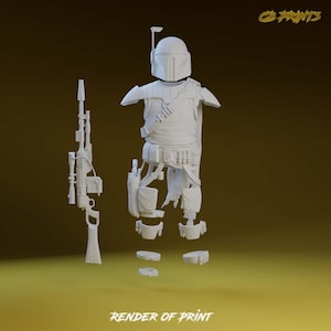 May include: A white 3D printed model of a Star Wars bounty hunter, Boba Fett, with his signature helmet, armour, and blaster rifle. The model is disassembled into multiple pieces, ready for assembly.