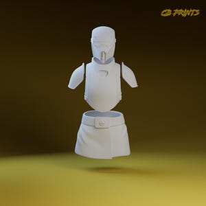 Può includere: Un set di armature Mandaloriane bianche stampate in 3D, tra cui un elmo, un corpetto, spalline e una cintura con fibbia. L'armatura è progettata per essere assemblata. Il testo "CB PRINTS" è visibile.