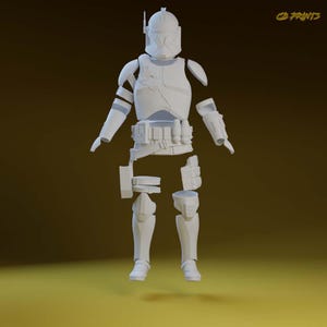 Könnte beinhalten: Zerlegtes, hellgraues Clone Trooper Rüstungsset. Die Rüstung umfasst einen Helm, eine Brustplatte, Schulterpolster, Armschützer, einen Gürtel mit Taschen und eine Beinrüstung. Der Text "CD PRINTS" ist im Bild zu sehen.