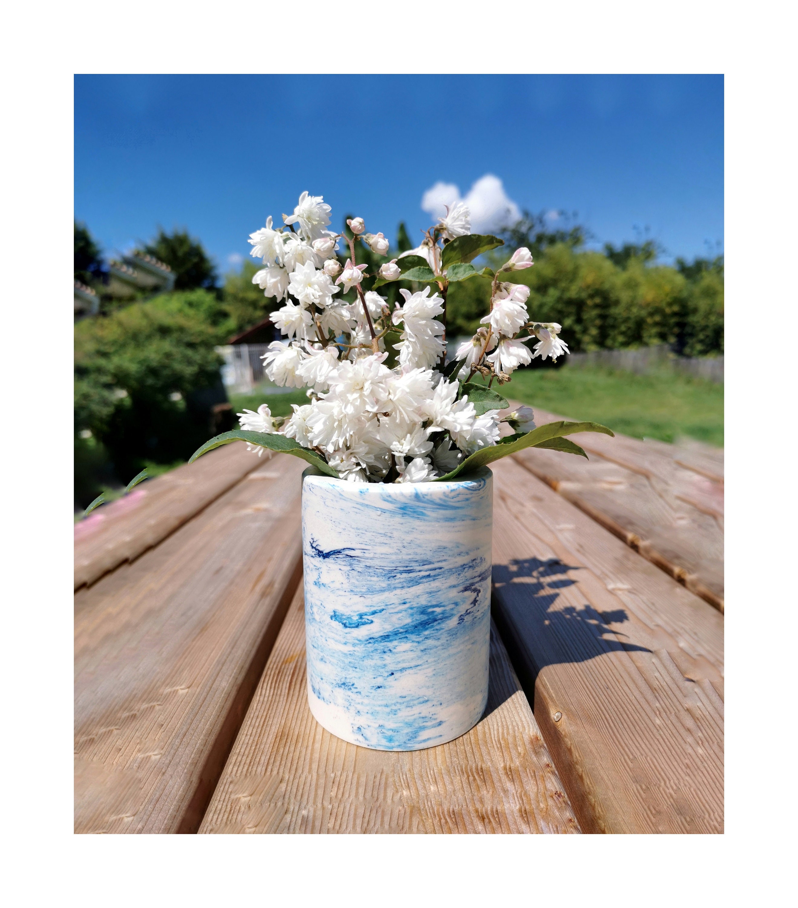 Vase/Pot, Blue & White Marbled, Handmade