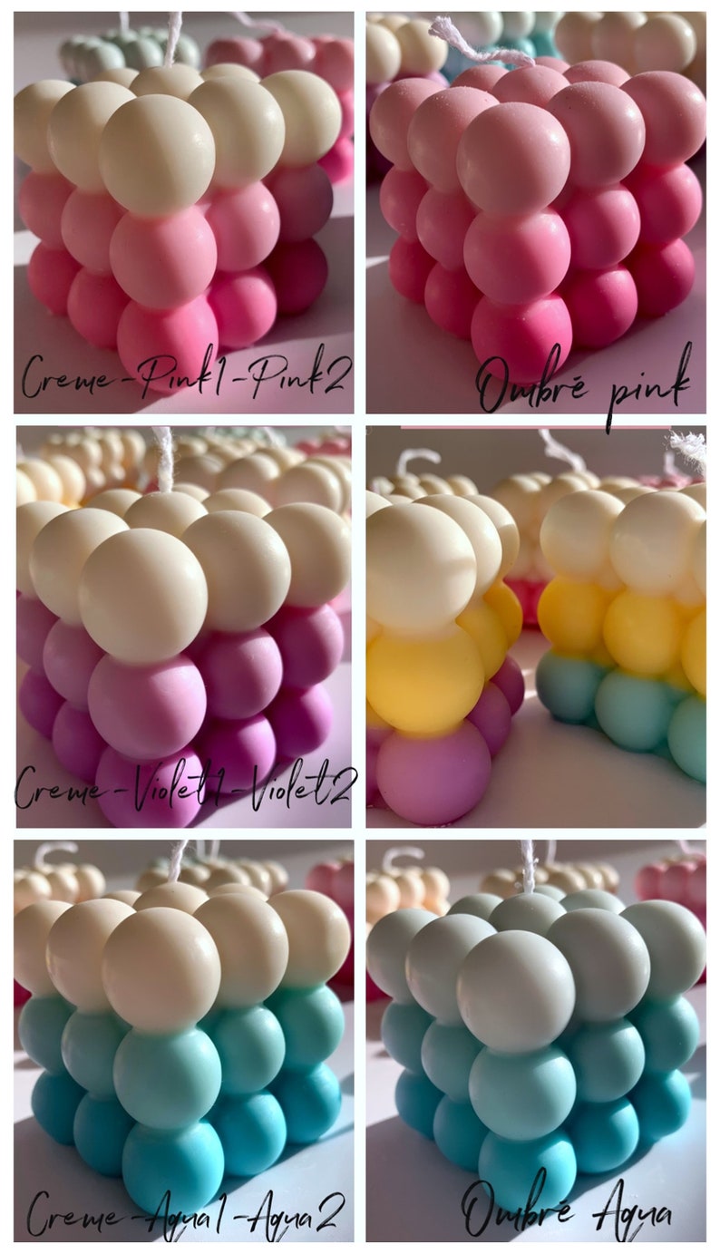 May include: Four different color variations of a bubble candle. The candle is made of multiple spheres in a cube shape. The colors are creme, pink, violet, and aqua.