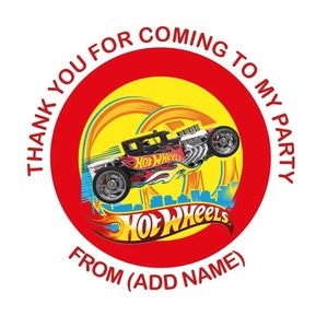 24 x personalised for Hot Wheels birthday party/sweet cone stickers 45mm round