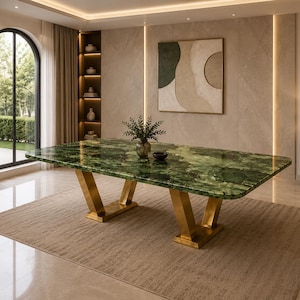 Mesa de comedor Onyx hecha a mano en color verde – Lujosa mesa rectangular de piedra natural para la decoración de comedores modernos.