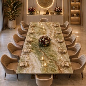 Green Onyx Stone Dining Table, Luxury Rectangle Table, Artisan Made Statement Furniture Interior