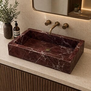 Rosso Levanto Marble Vessel Sink Red, Rectangular Basin, Italian Marble, Modern Luxury, Handmade
