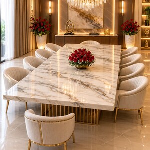 Tavolo di design in onice bianco, mobile da pranzo artigianale con pietre preziose, complemento d'arredo moderno.