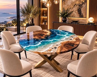Mesa de centro redonda Ocean Epoxy de madera de acacia con base metálica en forma de X.
