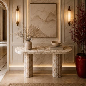 Calacatta Marble Accent Console – Luxury Ribbed Pedestal Table for Contemporary Home Decors